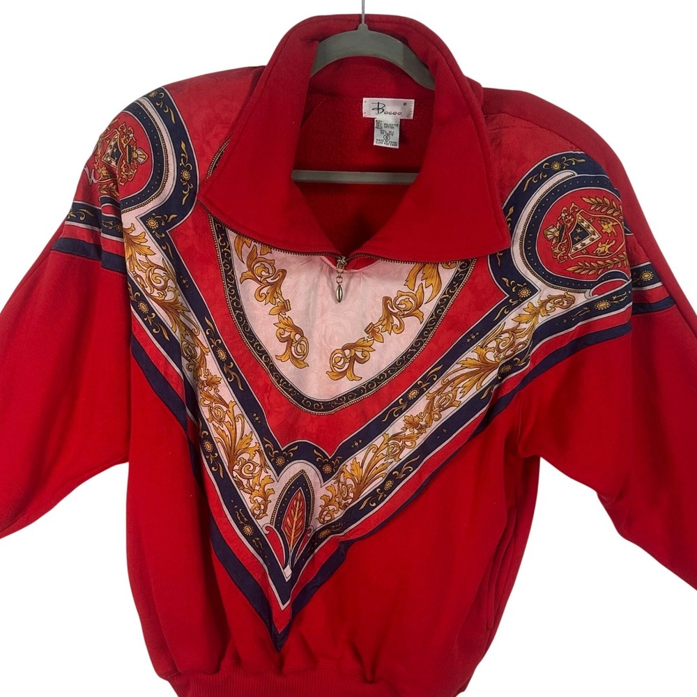 Bocoo Vintage Qtr Zip Sweatshirt Womens Red Silk Fleece Mock Neck Oversized - Picture 1 of 8